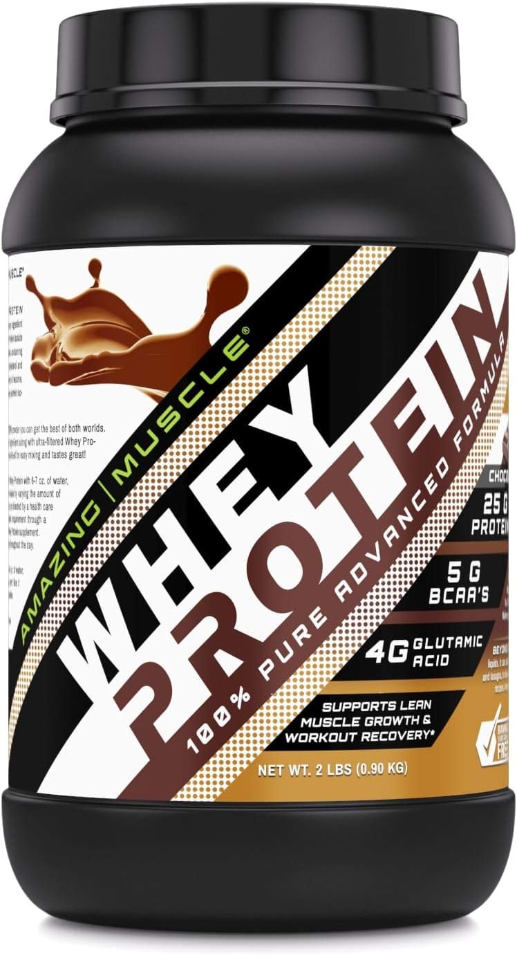 Amazing Muscle 100% Whey Protein Powder *Advanced Formula with Whey Protein Isolate as a Primary Ingredient Along with Ultra Filtered Whey Protein Concentrate (Chocolate, 2 lb)