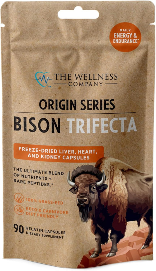 Bison Trifecta - Super-Bioavailable Multivitamin, Heme Iron, All Natural - Heart, Kidney, Liver, Grass-Fed & Finished, No Vaccines or Hormones | 90ct (1 Month Supply)