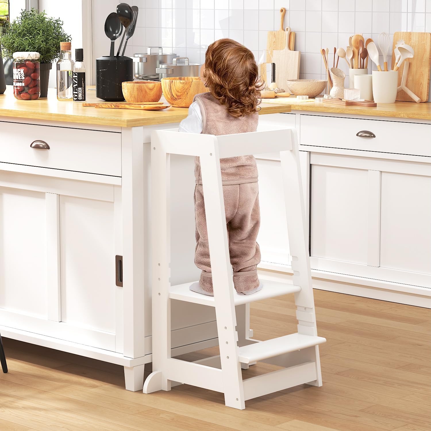 3 Adjustable Heights Toddler Standing Tower - Baby Step Kitchen Stool - Removable Anti-Drop Railing Safety Rail & Anti-Tipping Structure Stepping Stool for Bathroom Sink, Kitchen