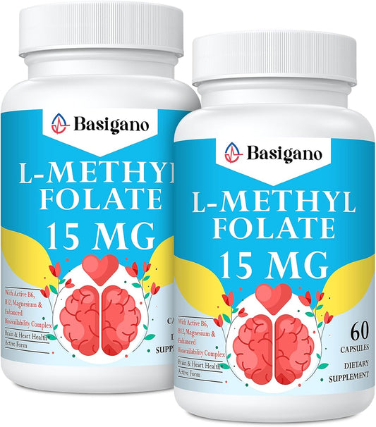 Basigano 15mg L Methylfolate (5-MTHF)- Active Folic Acid-Enriched with Vitamins B6 and B12-60 Vegetarian Capsules - Non-GMO, Gluten-Free