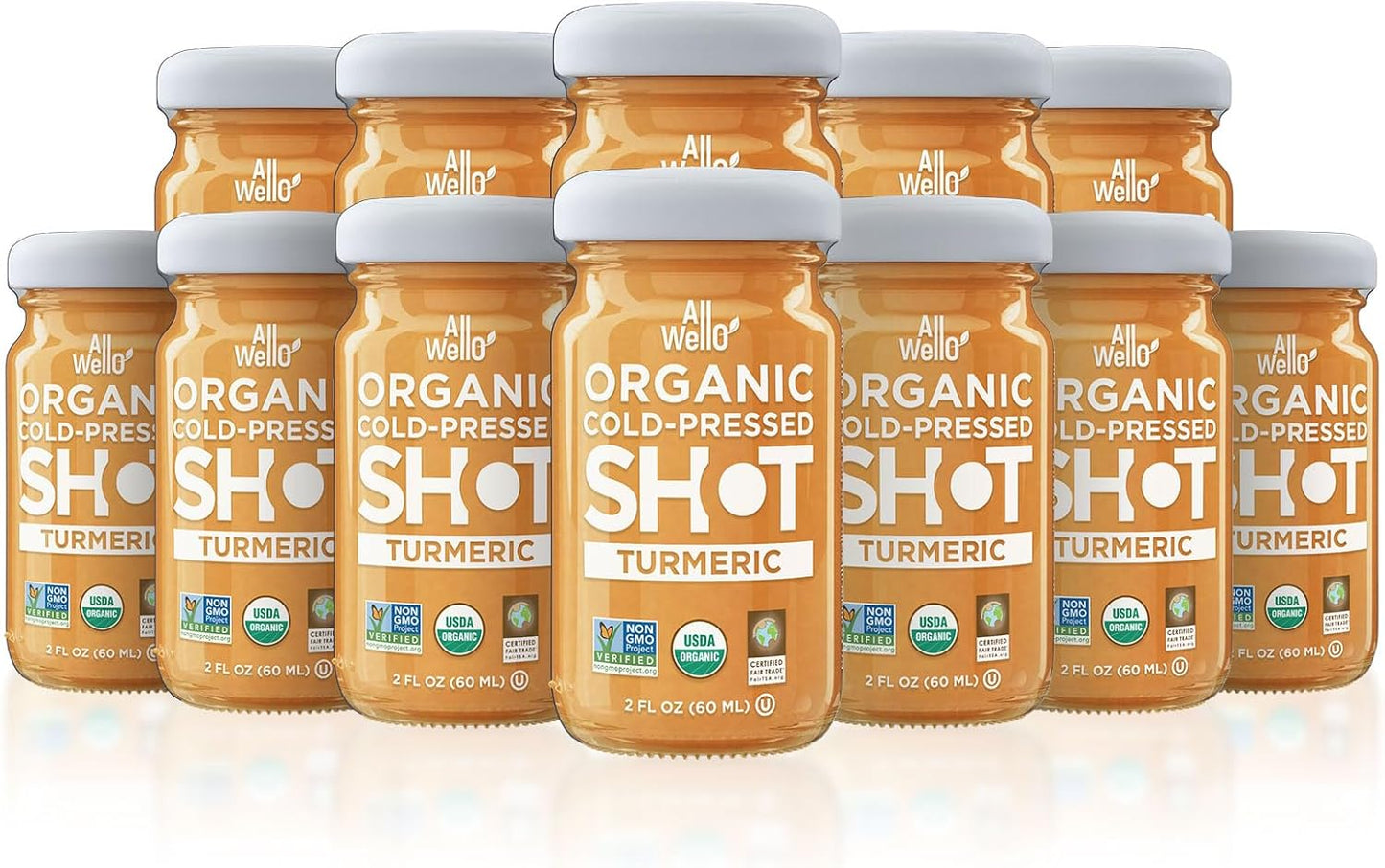 ALLWELLO Cold-Pressed Ginger Shot, 60 mL, USDA Organic Immune Booster with Natu-RAL (12 PK, Turmeric)