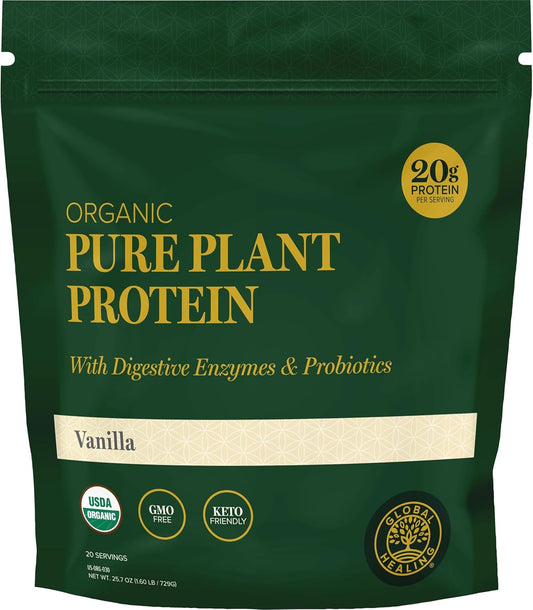Global Healing Organic Plant Vanilla Protein Powder for Men and Women 20g - Dairy Free Protein Powder with Digestive Enzymes & Probiotics to Support Gut Health (1.6 Lbs)