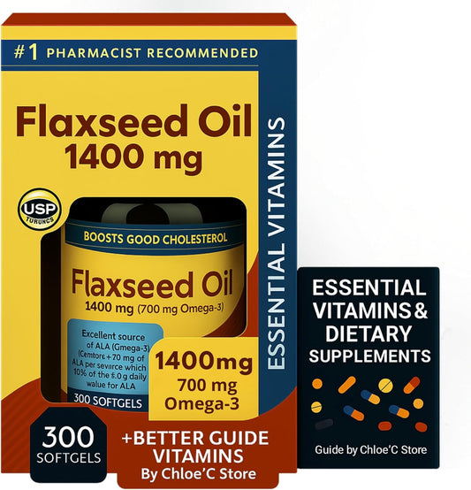 Nature Flaxseed Oil 1400mg (300 Softgels) Natures Mades | Plant-Based Omega-3 ALA Supplement | Bundle with Essential Vitamins Guide by R&C Store