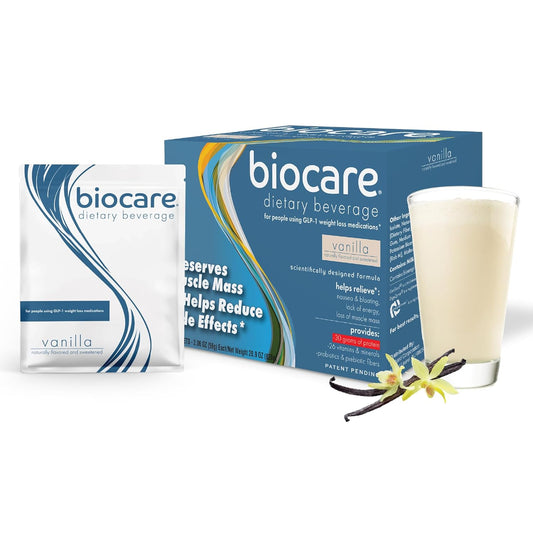Biocare Nutritional Beverage for GLP-1 Users, Dietary Powder Drink Provides 25 g Essential Protein, 26 Vitamins/Minerals, Helps Ease Nausea, Bloating, Constipation, Vanilla Shake 14ct
