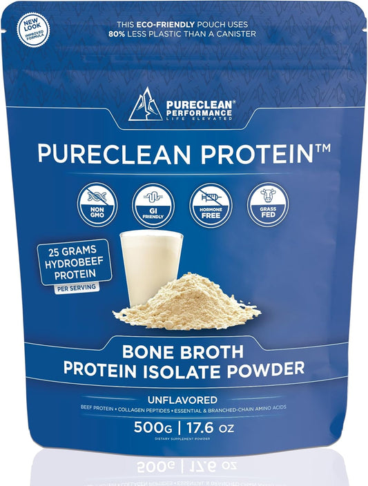 PureClean Protein 25G Organic Grass Fed Beef Bone Broth Protein from Swedish Cattle - Paleo, Keto-Friendly, Gluten-Free, Sugar-Free, Dairy-Free - Enhanced with Collagen Peptides - 500 Grams\/Unflavored