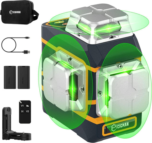 CIGMAN Laser Level CM-801 Laser Level Self Leveling 3x360°3D Green Cross Line for Decoration and Picture Hanging with Two Rechargeable Batteries, Remote Controller and Magnetic L-Shaped Bracket