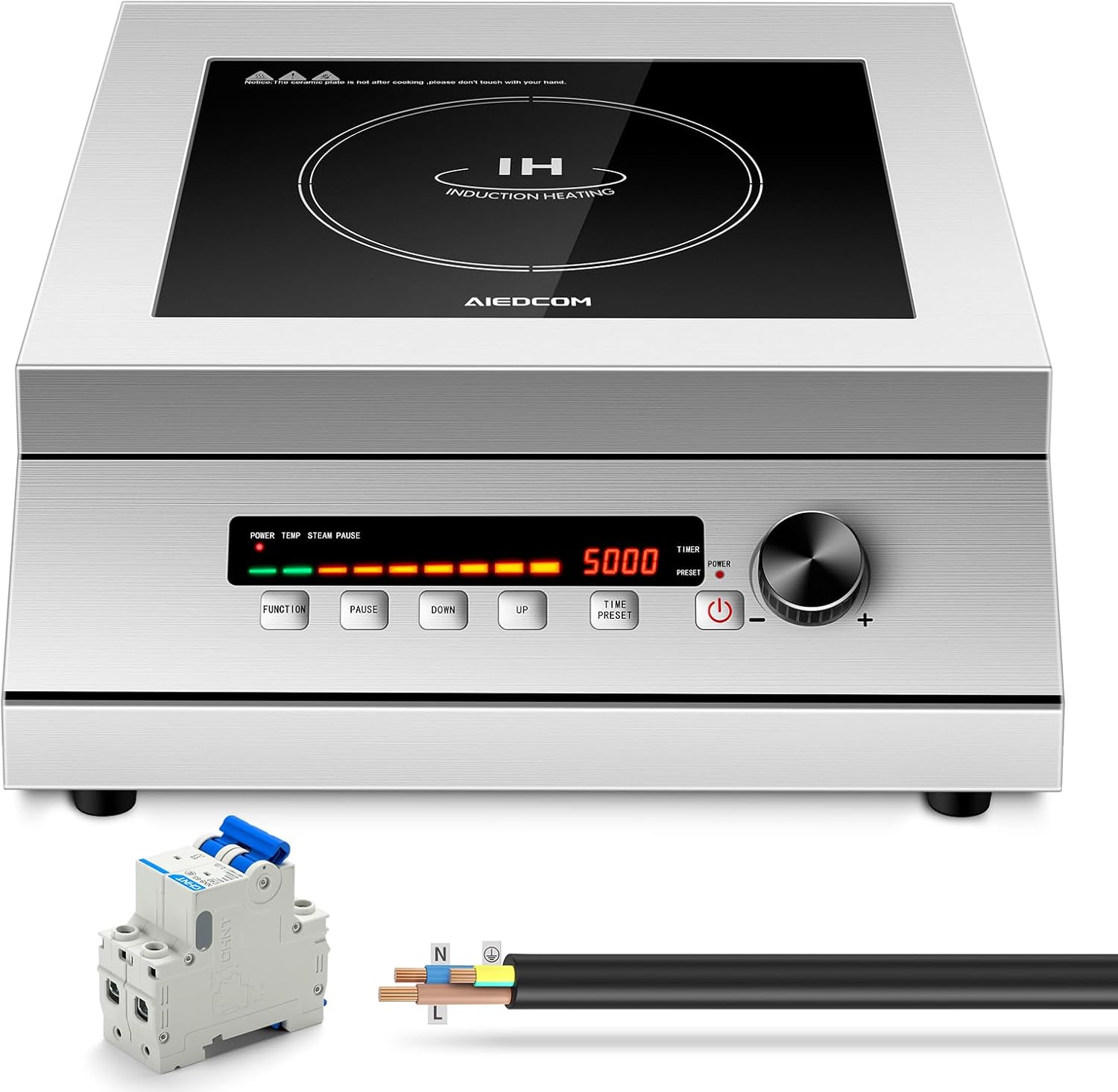 AiedCom 5000W 240V Commercial Induction Cooktop, High Power Induction Electric Stove, Countertop Burner with Press\/Knob Controller, LED Strip Display (with 2p Miniature circuit breaker, No Plug)