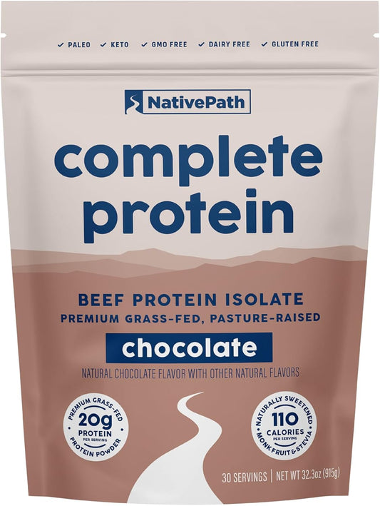 NativePath Complete Beef Protein Powder Isolate – Grass-Fed, Pasture-Raised, Dairy & Lactose Free, Gluten Free, Zero Sugar, MCTs & Amino Acids – 20g Protein, Chocolate Flavor, 30 Servings
