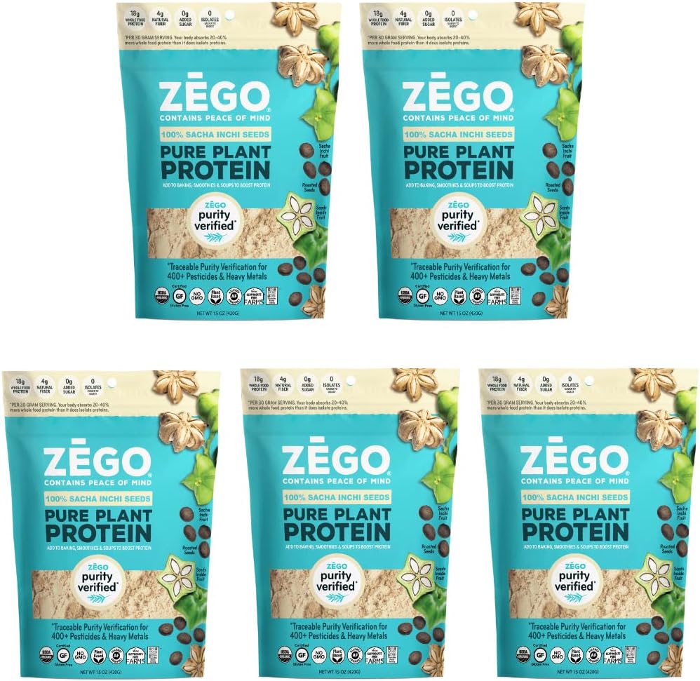 Organic 100% Sacha Inchi Seed Protein, Purity Tested, Gluten Free, Top 14 Allergy and Corn Free, Soy Free, Vegan, 15oz (Bundle of 5 Bags)