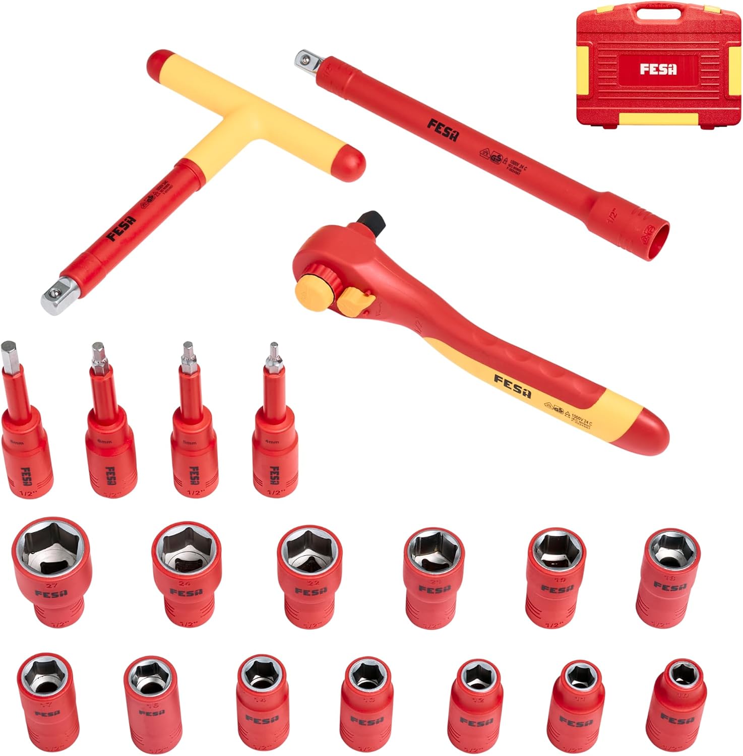 FESA Electrician Insulated Socket Set - 1000V 20-Piece Professional Insulated Ratchet & Socket Wrench Set (1\/2" Drive) w\/ 4 Hex Bits, T-Handle & Extension - 1000 Volt Insulated Tools for Electricians