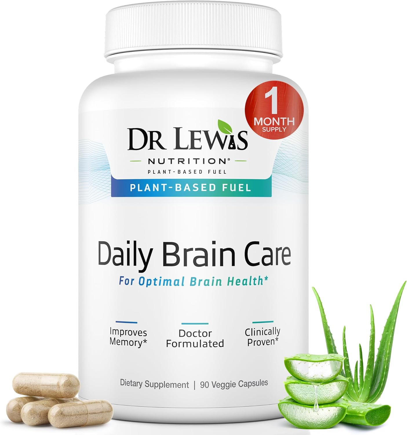 Brain Supplements for Memory and Focus \u2013 Dr Lewis Daily Brain Care Capsules with Aloe Vera \u2013 Plant-Based Nootropic and Energy Supplement for Brain Fog, Mental Clarity, and Immune Support \u2013 90 Capsules