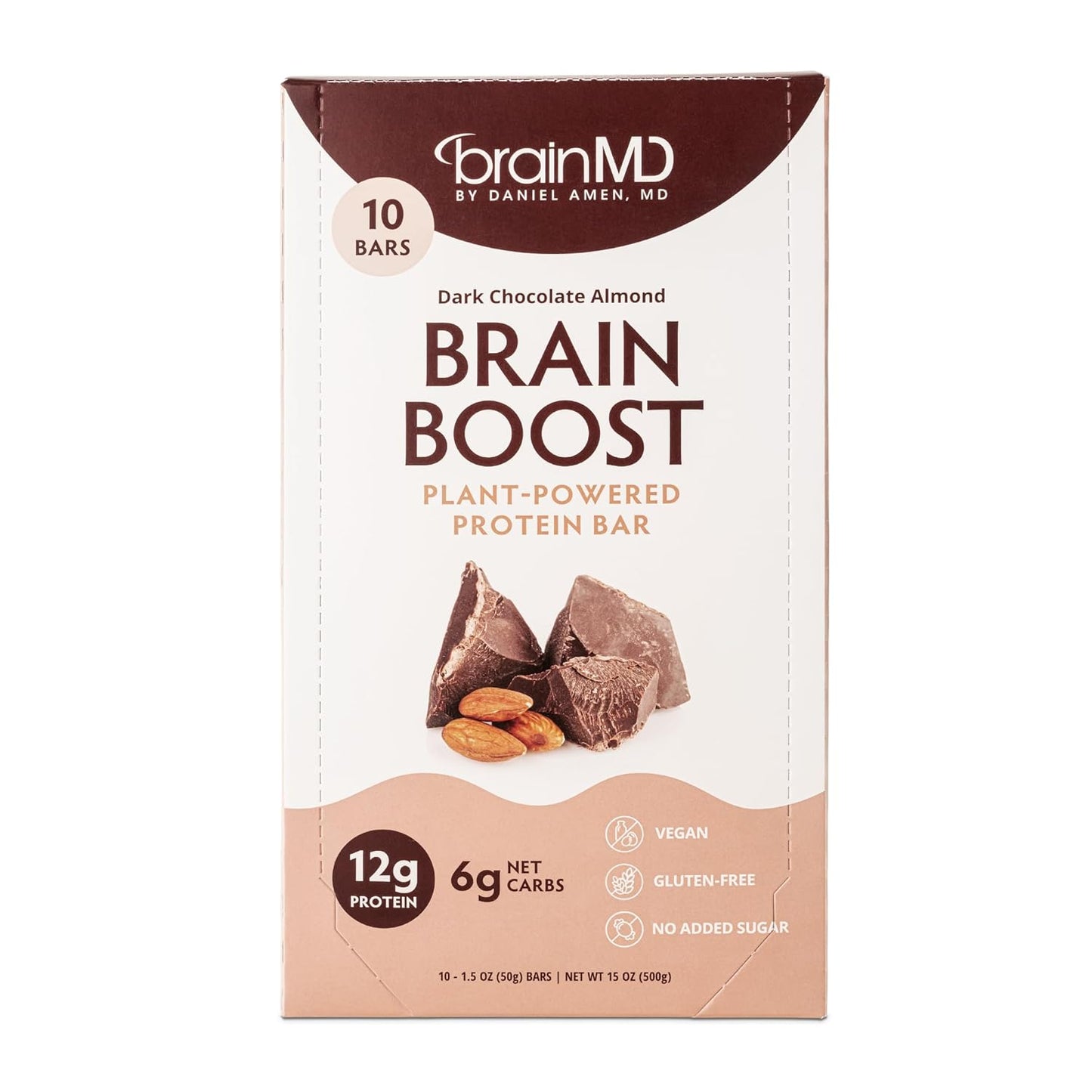 BrainMD Brain Boost, Dark Chocolate Almond - 10 Plant-Powered Protein Bars - Vegan, Gluten Free, Keto Friendly