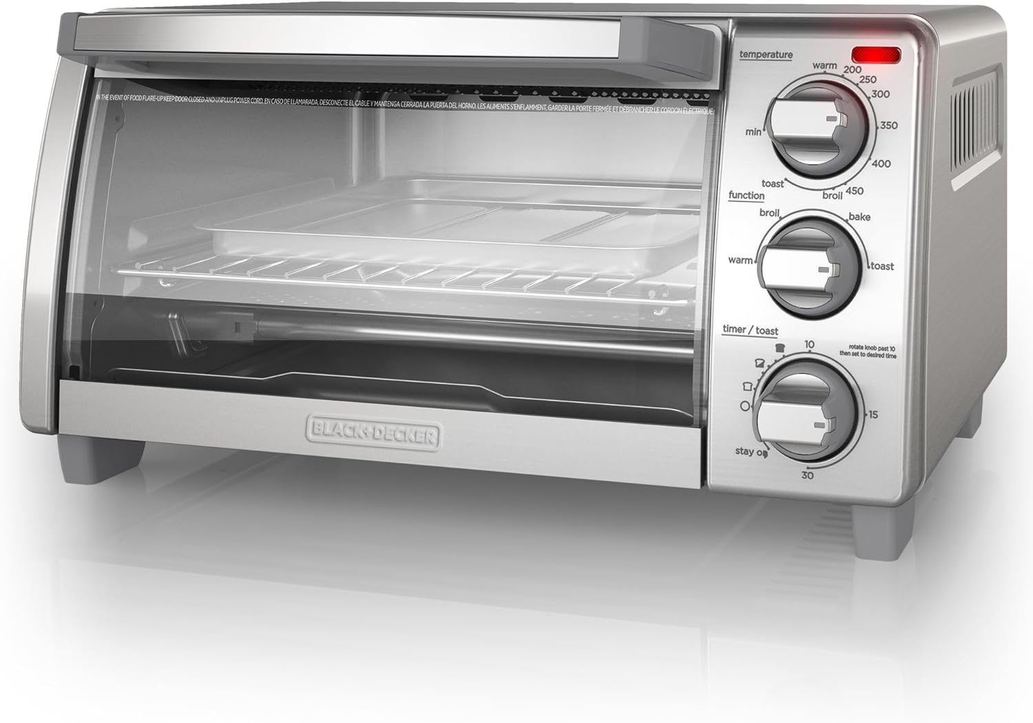 BLACK+DECKER 4-Slice Toaster Oven, TO1745SSG-1A, Even Toast, 4 Cooking Functions Bake, Broil, Toast and Keep Warm, Removable Crumb Tray, Timer