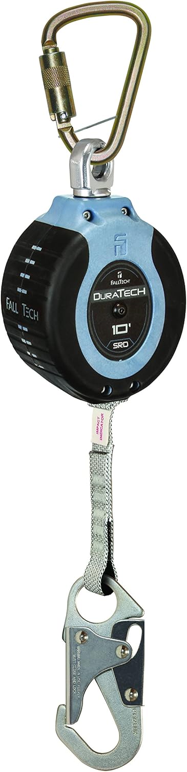 FallTech 82710SC1 DuraTech 10' Compact Web SRL - 10' Compact Web SRD, Steel Carabiner with Captive Pin, and Steel Snap Hook Leg-end Connector, 10', Blue/Black