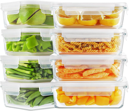 Bayco 8 Pack Glass Food Storage , Meal Prep Containers, Airtight with Lids - BPA-Free & Leak Proof (8 lids & 8 Containers) 30oz
