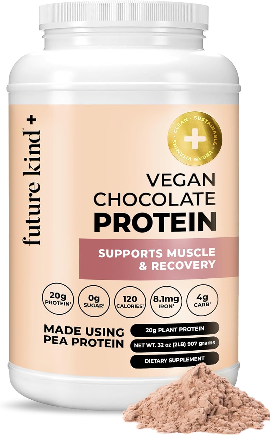 Future Kind Vegan Protein Powder, Chocolate, Pea Plant Protein for Lean Muscle with Iron & Fiber, Whey-Free, Sugar-Free, Soy-Free, Non-Dairy (34 Servings)