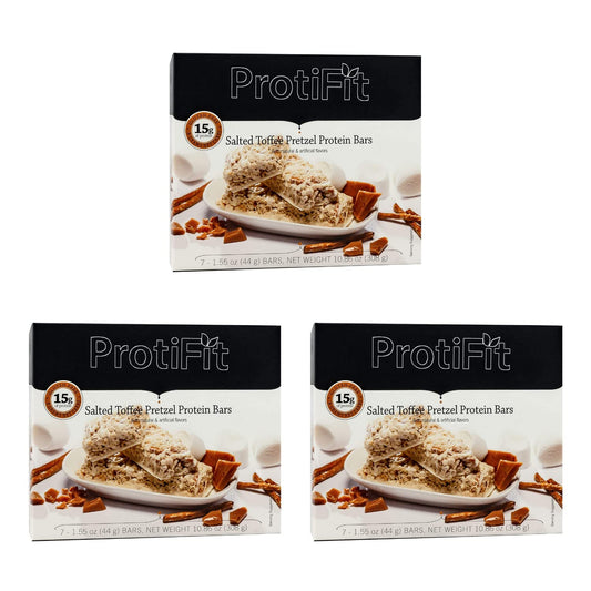 PROTIFIT - Low Calorie Salted Toffee Pretzel Protein Bar 3 Pack, High Protein, 15g Protein, Low Carb, Low Sugar, Ideal Protein Compatible, 7 Servings Per Box, (3 Pack)