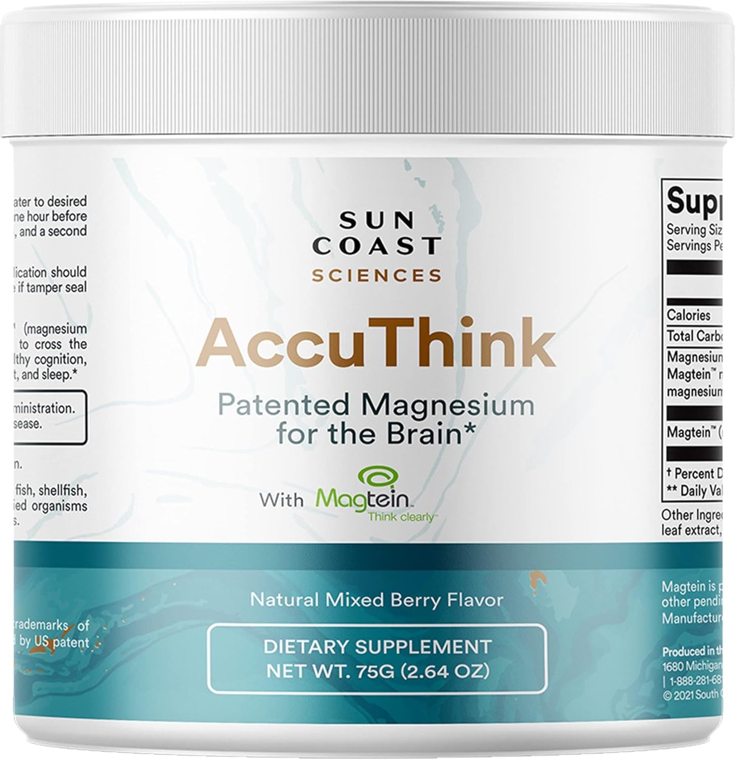 Sun Coast Science Sun Coast Sciences AccuThink - Patented Magnesium Brain - 2.64oz Memory Supplement Brain Health, Sleep, Mood Boost - Cognitive Support Supplement Magnesium Threonate Vitamin C