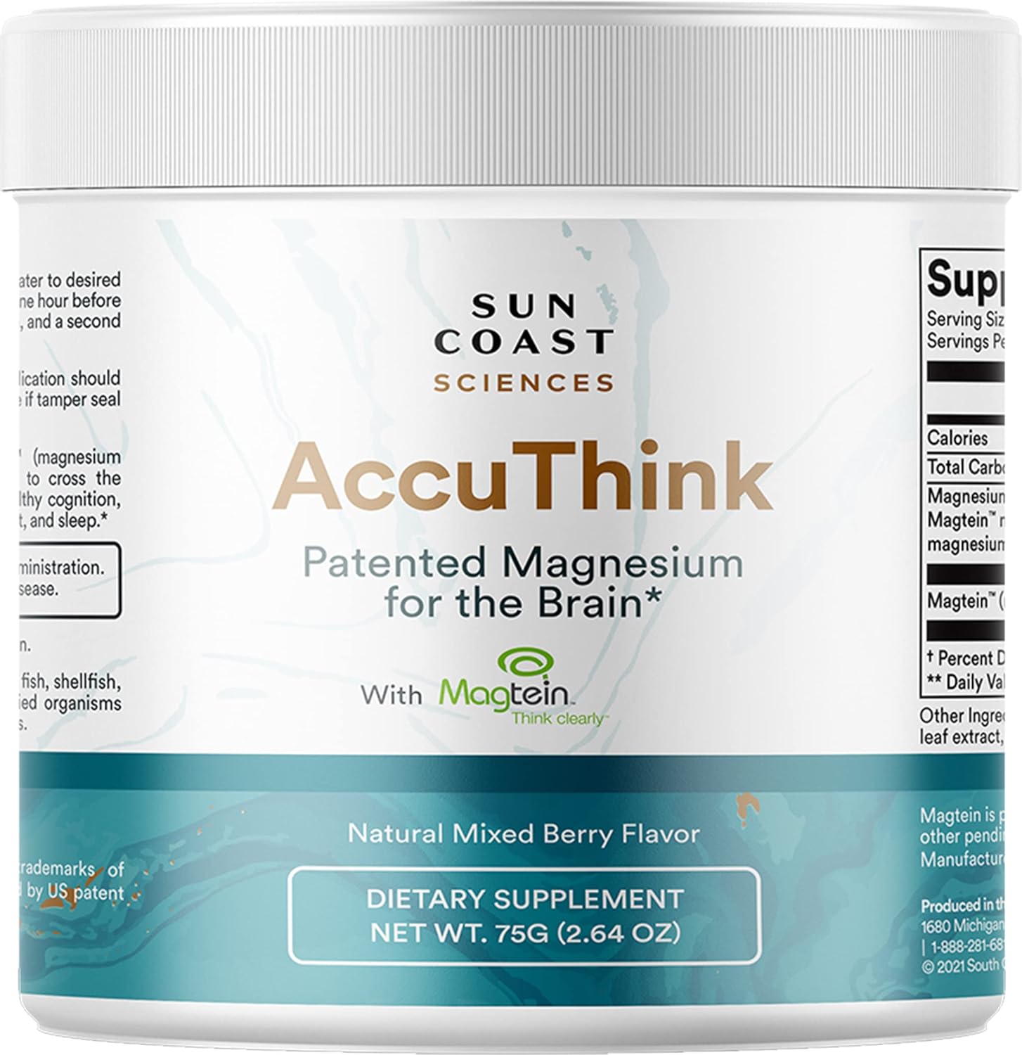 Sun Coast Science Sun Coast Sciences AccuThink - Patented Magnesium Brain - 2.64oz Memory Supplement Brain Health, Sleep, Mood Boost - Cognitive Support Supplement Magnesium Threonate Vitamin C