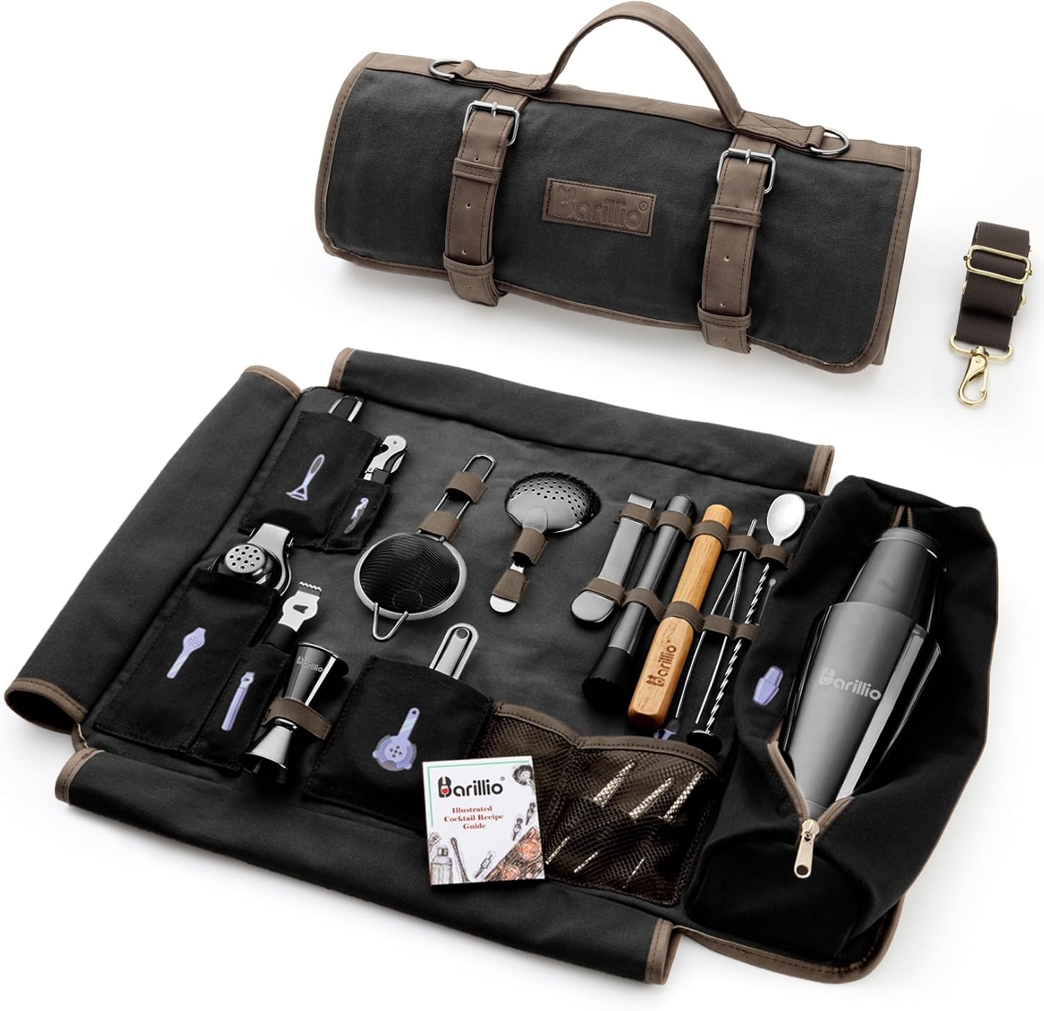 Barillio Bartender Kit Bag with Black Cocktail Shaker Set - Waxed Canvas, Traveling Bar Tools Bag with 17-Pc Cocktail Kit - Travel Mixology Bartending Kits - Mobile Bar Roll with Strap & Accessories