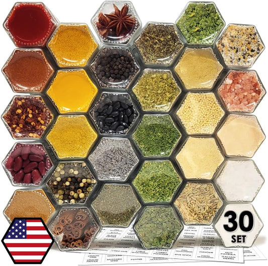 30 Set Magnetic Spice Jars for Refrigerator Hexagon Glass Spice Jars with Magnetic Lids, Shaker, Spice Labels, Magnetic Glass Spice Containers for RV Travel Trailer Kitchen Fridge Cabinet Wall mount