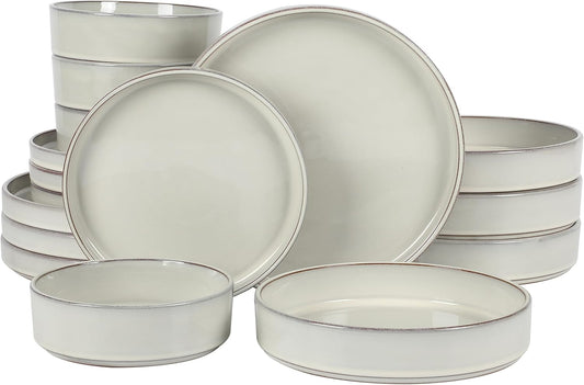 Bloomhouse Santorini Mist Double Bowl Terracotta Reactive Glaze Plates and Bowls Dinnerware Set - Moonstone White, Service for Four (16pcs)