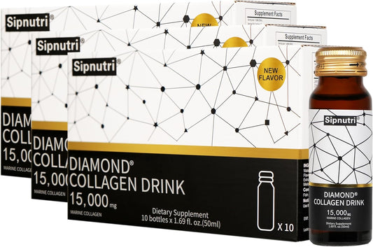 Sipnutri Diamond Liquid Collagen Drink, 15000 mg Hydrolyzed Marine Collagen Peptides with Vitamin C, Pomegranate, Healthy Hair Skin Nails Joints Bones Support, 50 ml x 10 Bottles (3 Boxes)