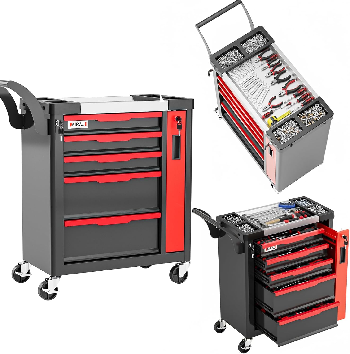 Tool Chest 5-Drawer | Large Capacity Rolling Tool Chest with Wheels/Side Drawer | Drawer Integrated Lockable | Tool Cart/Cabinet for Garage Storage,Workshop | Safety Rounded Corner Anti-collision |Red