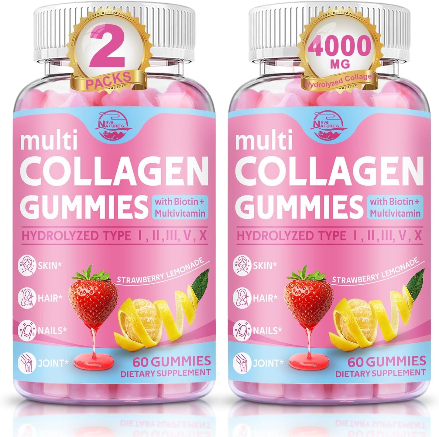 Multi Collagen Peptides Gummies, Type I, II, III, V, X - Hydrolyzed Collagen Peptides with Biotin, Hyaluronic Acid, Supports Healthy Skin, Strong Nails & Thick Hair, 60 Count, 2 Pack