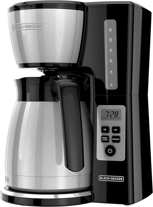 BLACK+DECKER 12 Cup Thermal Programmable Coffee Maker with Brew Strength and VORTEX Technology, Black\/Steel