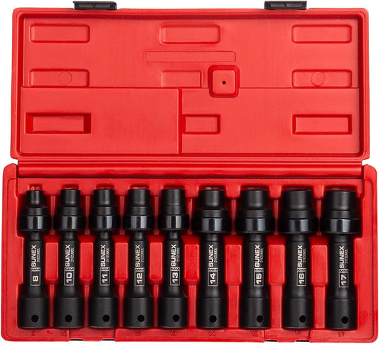 SUNEX TOOLS 2695, ½ Inch Drive Driveline Limited Clearance Socket Set, 12-Point, 9-Piece, Metric, 8mm-17mm, Cr-Mo Steel, Heavy Duty Storage Case
