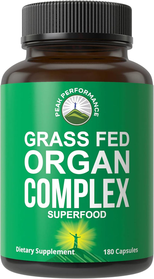 Peak Performance Grass Fed Beef Organ Complex from New Zealand (180 Capsules) Desiccated Organs Superfood Pills. GrassFed Beef Liver Capsules with Heart, Kidney, Pancreas, Spleen. Supplement