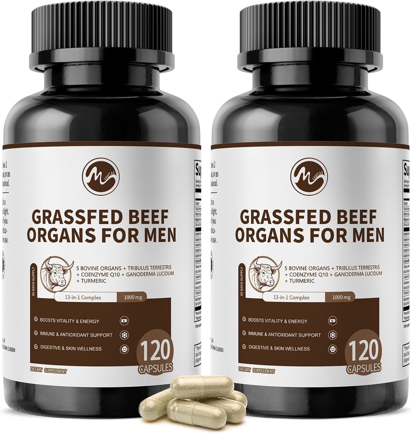 Beef Organs Supplement for Men, Beef Liver, Heart, Kidney, Pancreas, Tribulus Terrestris, CoQ10, Ganoderma for Men's Vitali*ty, Energ*y, Immune, Ant*i-oxidant Support, Non-GMO, Gluten-Free, 240 Count