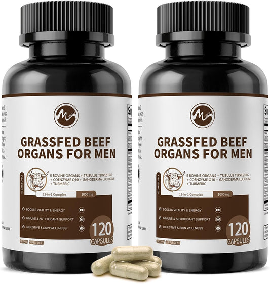 Beef Organs Supplement for Men, Beef Liver, Heart, Kidney, Pancreas, Tribulus Terrestris, CoQ10, Ganoderma for Men's Vitali*ty, Energ*y, Immune, Ant*i-oxidant Support, Non-GMO, Gluten-Free, 240 Count