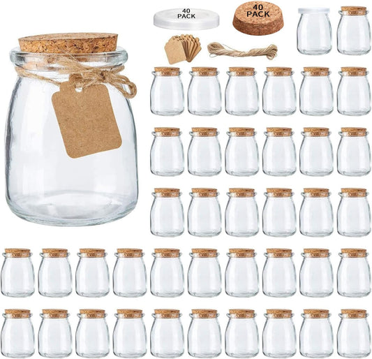 Brajttt Glass Mini Yogurt Jars 40 Pack, 7 oz Favor Jars With Cork Lids, Pudding Containers, Mason Wedding Favors Honey Pot With Label Tags and String