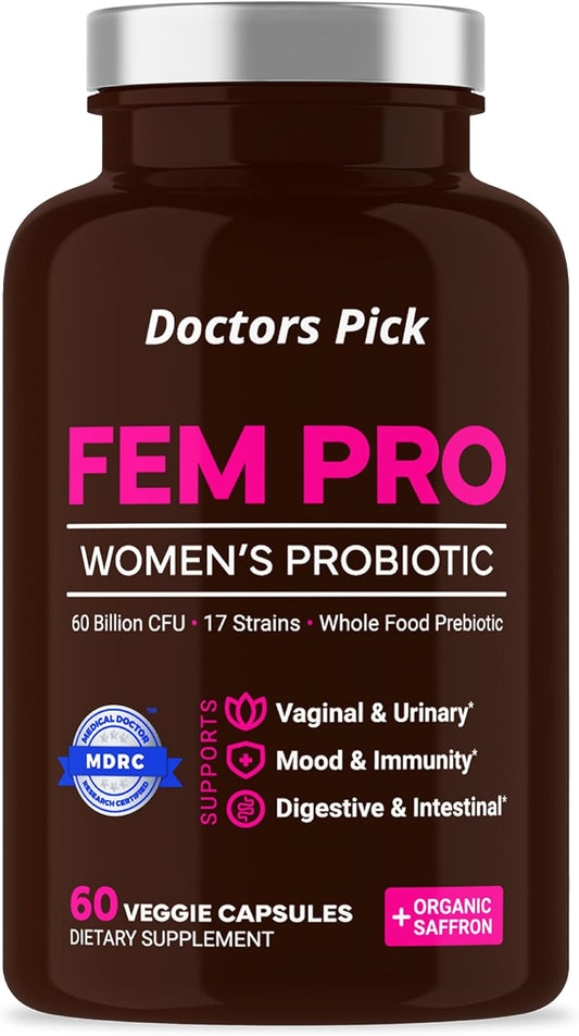 Doctors Pick Fem Pro Probiotics for Women. 17 Clinically Effective Strains for Vaginal, Digestive & Immune Support, Urinary Tract Health, pH Balance and Mood. 60 Veggie Capsules, 2 Month Supply