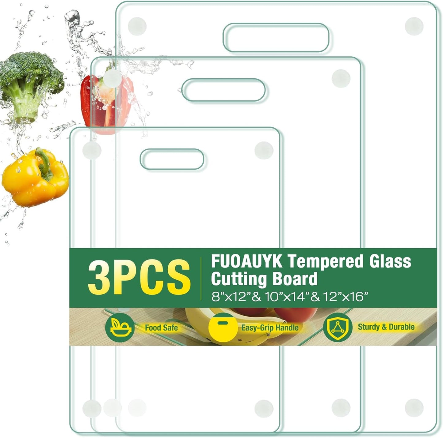 3 Size Tempered Glass Cutting Boards for Kitchen Counter, FUOAUYK Dishwasher Safe Glass Cutting Board Non Toxic with Handle, Non-Slip Rubber Feet, Heat & Scratch Resistant(8x12", 10x14", 12x16")