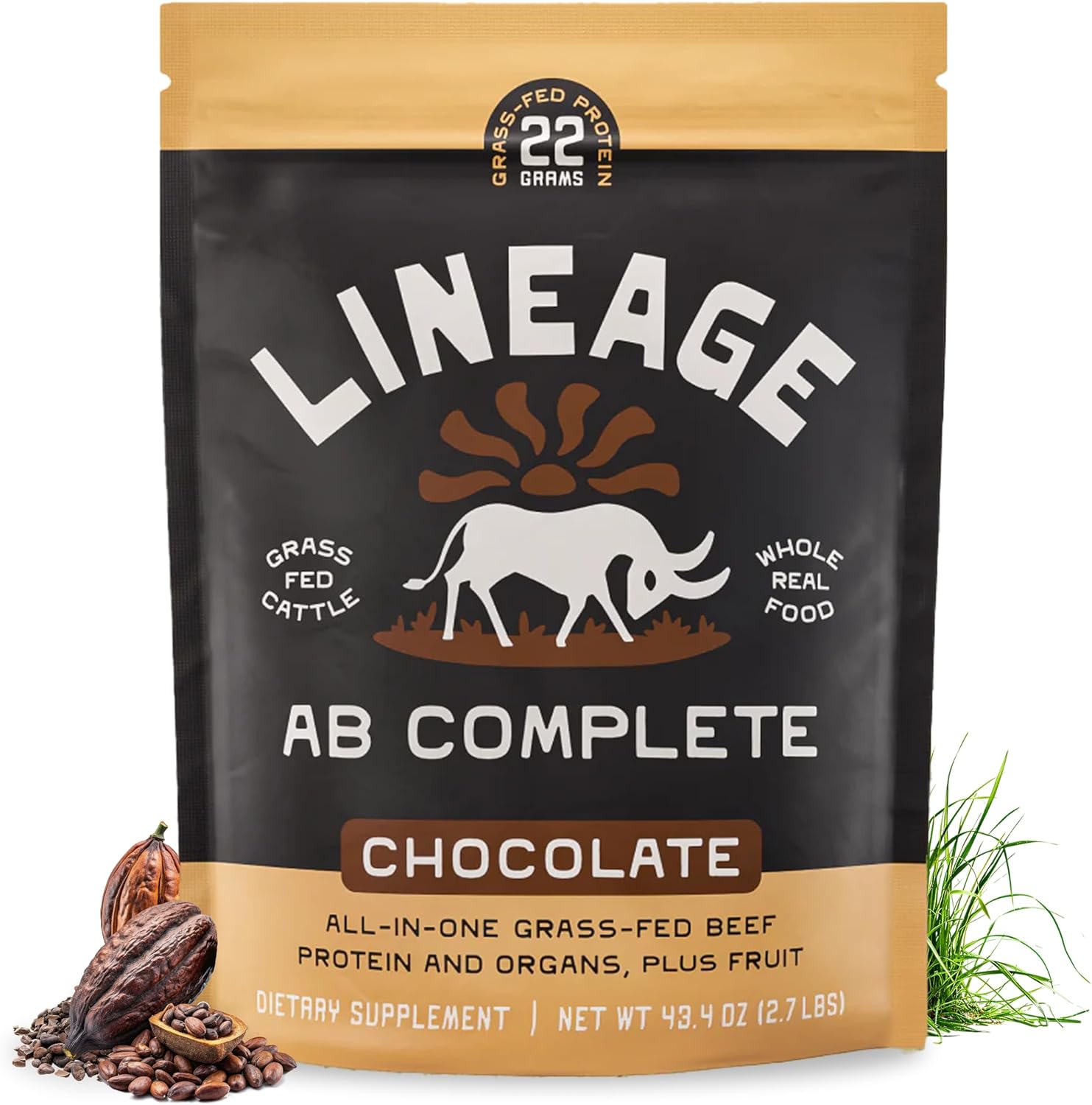 Lineage Provisions Grass Fed Beef Protein Powder - Chocolate - Nose to Tail Animal Protein Powder Including 100% Grass Fed and Finished Beef Organs, Colostrum, and Fruit - 2.7 lbs (30 Servings)