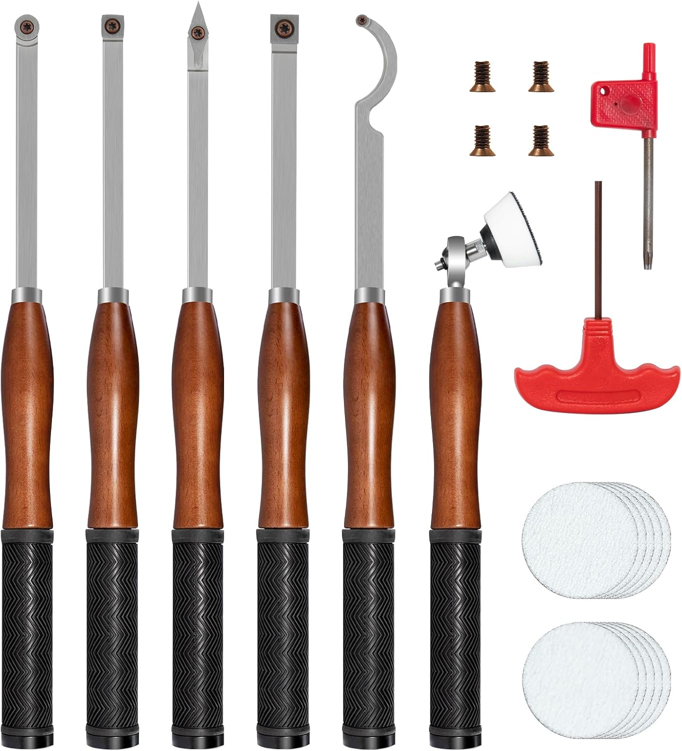 Full Size Carbide Wood Lathe Turning Tool Kit with Bowl Sander,6pcs 18" Professional Carbide Lathe Tools with Wooden Box including Swan Neck Hollower, Rougher, Finisher,Beech Handle with Rubber