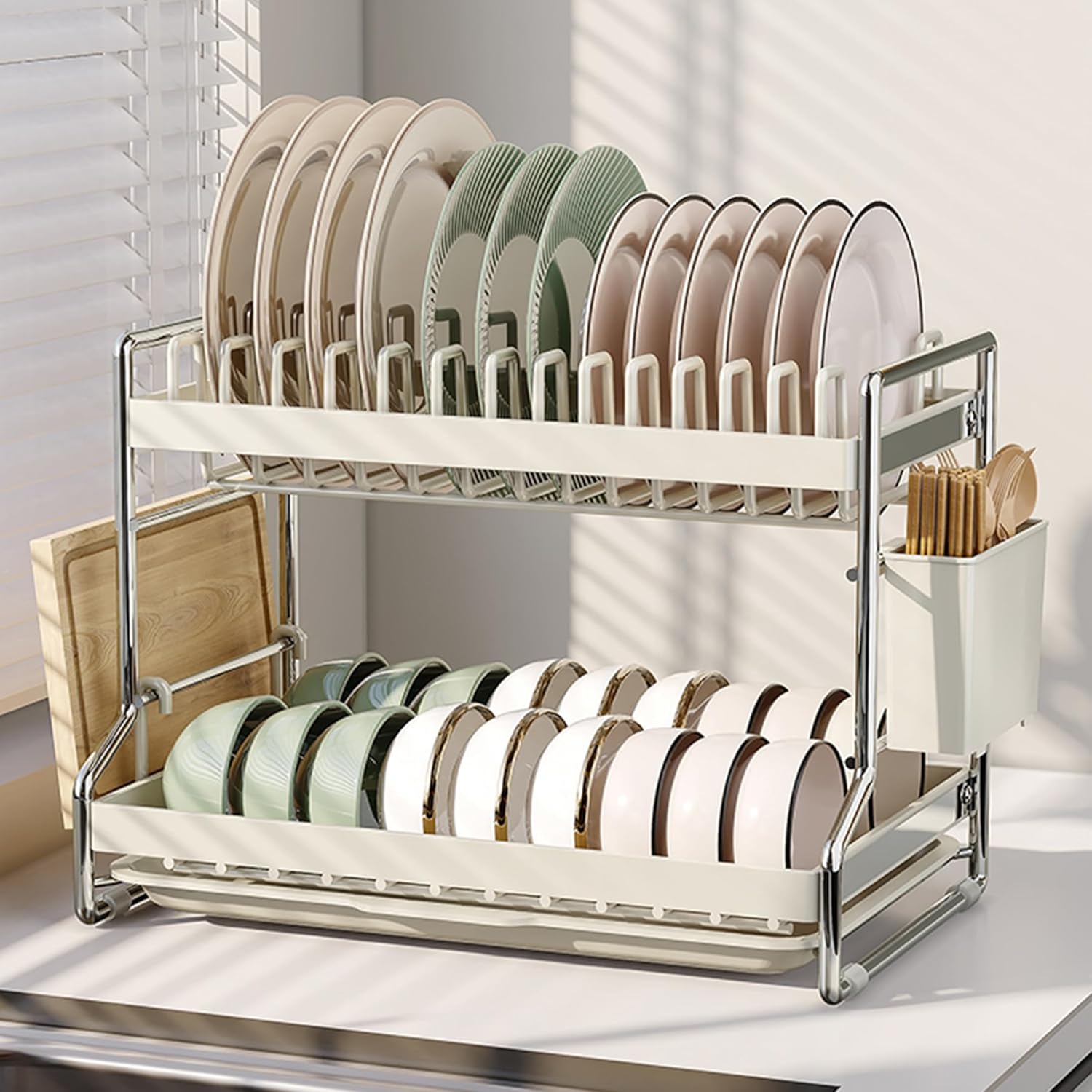 HOISIMDY Dish Drying Rack 2 Tier Countertop Dish Draining Rack Organizer White