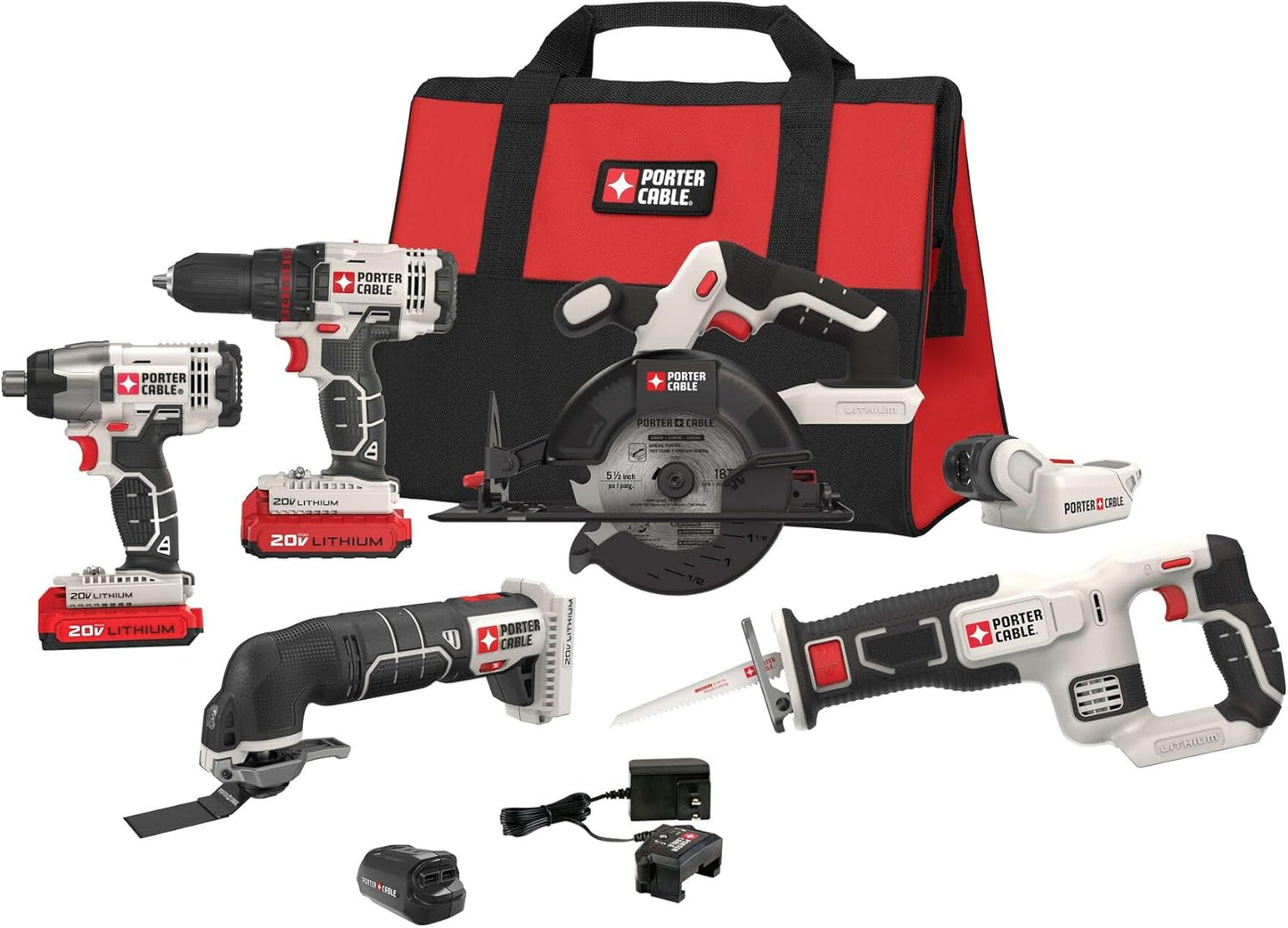 PORTER-CABLE 20V MAX* 6 Tools Combo Kit Cordless Drill Set, Impact Driver, Circular Saw, Reciprocating Saw, Oscillating Tool, Cutting Blade, Flashlight and USB Charger (PCCK617L6)