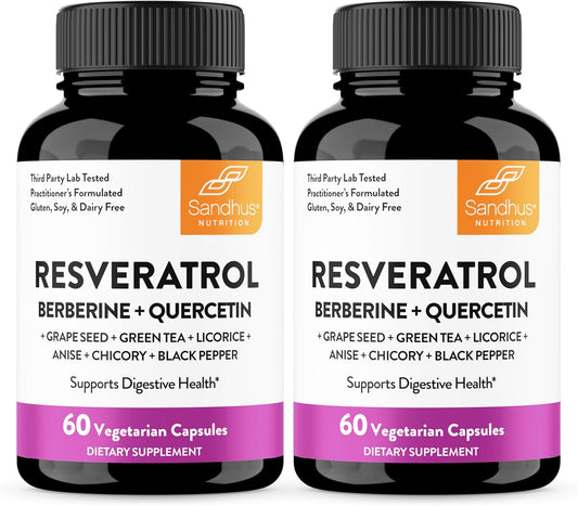 Sandhu's Resveratrol with Berberine for Gut Health | Digestive Supplement for Women & Men | Green Tea, Star Anise, DGL, Grape Seed Extract & Quercetin | Eases Bloating | 60 Capsules (Pack of 2)