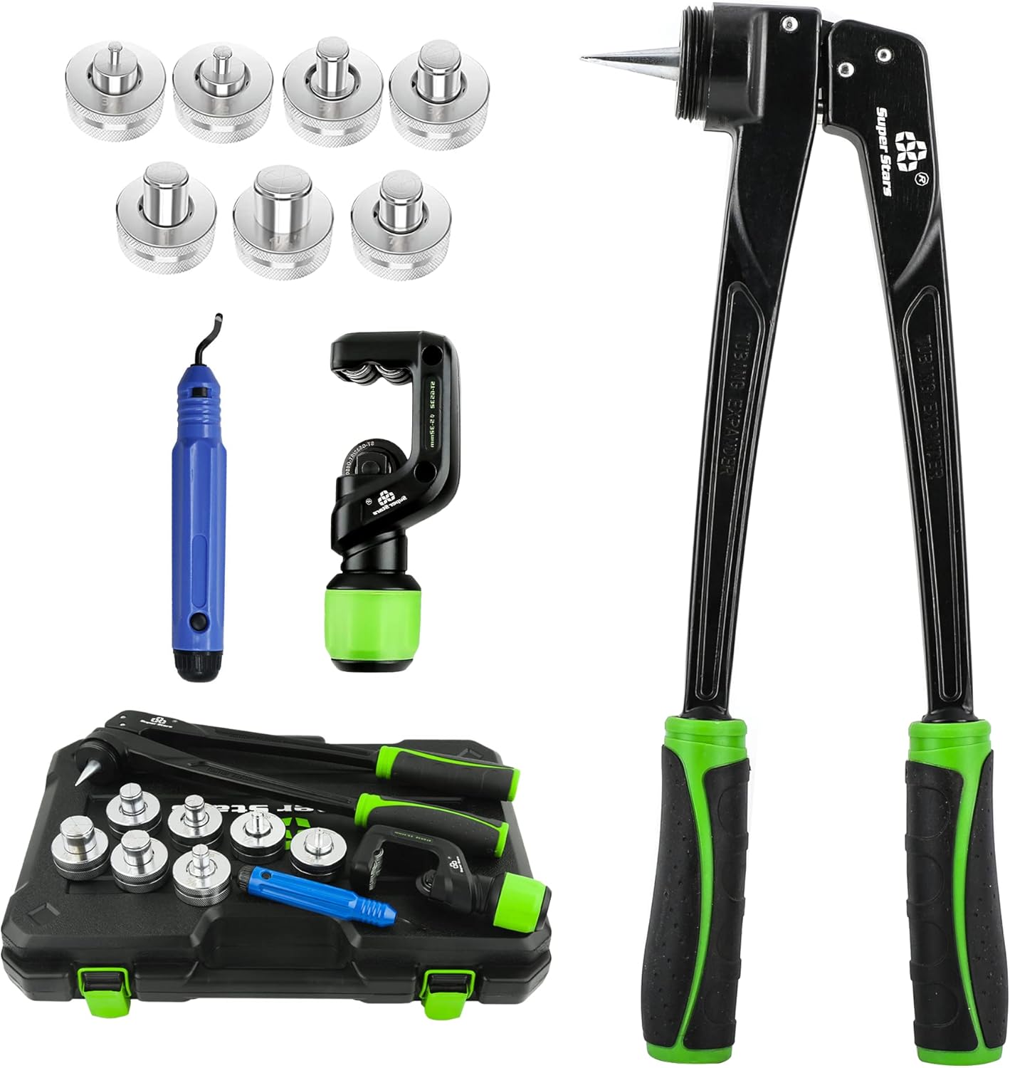 Super Stars Copper Pipe Expander Tube Expander Handhold Pump Type HVAC Swaging Tool, with Tube Cutter, Deburring Tool and 7 Expander Heads for 3/8 to 1-1/8 Inches Copper Pipes