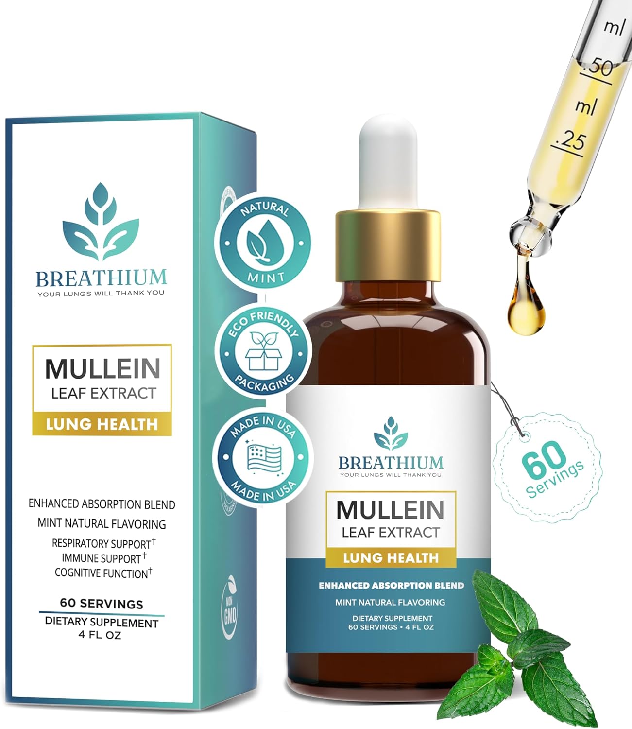 BREATHIUM 4-in-1 Mullein Drop for Lungs - Lung Detox for Smokers- Liposomal Mullein Leaf Extract + Lecithin & Choline for Rapid Immune, Allergy & Respiratory Support - Made in USA - 4 Oz - Peppermint
