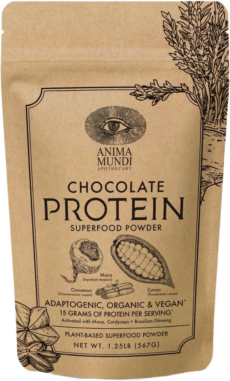 Anima Mundi Apothecary Chocolate Protein Superfood Powder - Organic Vegan Protein Powder - Nutrient-Dense Chocolate Plant Based Protein Blend with Adaptogens for Energy & Strength (567g)