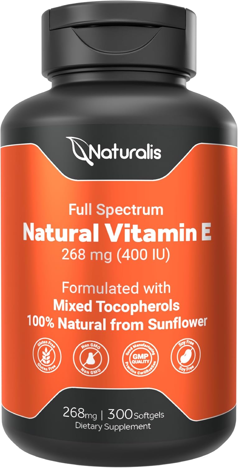 Naturalis Sunflower Vitamin E 268mg (400 IU) with Mixed Tocopherols | Essential Skin Vitamin & Immune Support | Non-GMO, Soy & Gluten Free | 300 Softgels