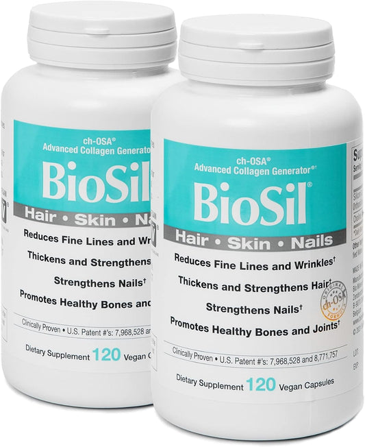 Biosil - 120 Vegan Capsules, Pack of 2 - with Patented ch-OSA Complex - Increase Collagen Production for Beautiful Hair, Skin & Nails - GMO Free - 240 Total Servings
