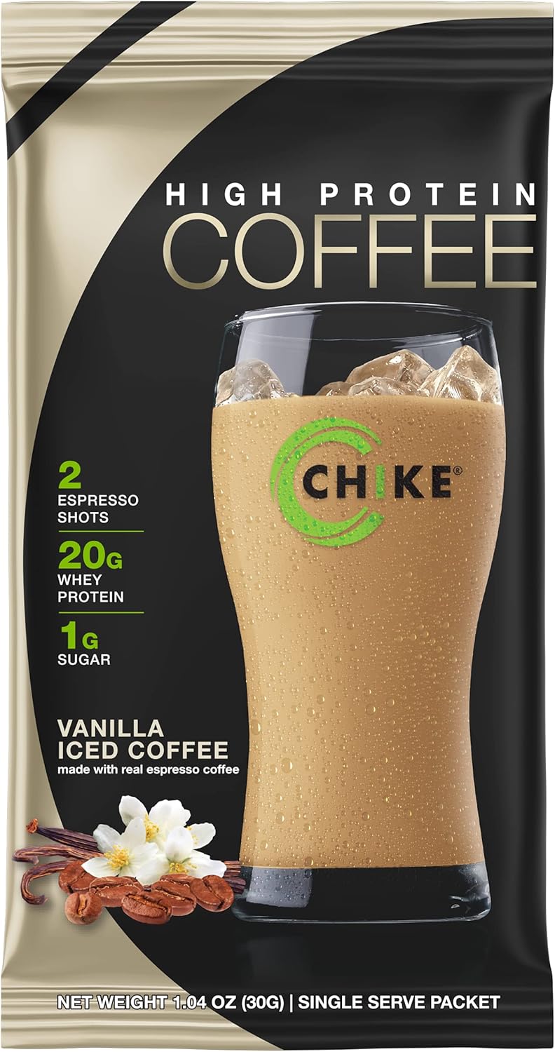 CHIKE Vanilla High Protein Iced Coffee, 20 G Protein, 2 Shots Espresso, 1 G Sugar, Keto Friendly and Gluten Free, 12 Single Serve Packets