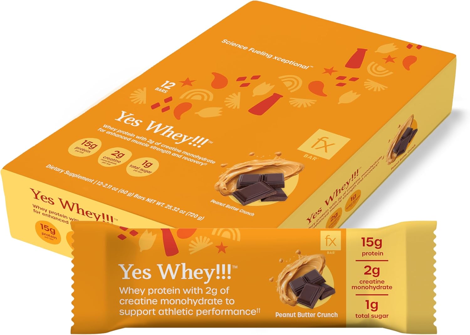 Fx Yes Whey Bar, Peanut Butter Crunch - 15g Whey Protein Bar with Creatine to Support Muscles, Energy & Peak Performance - 1g Sugar (12 Bars)