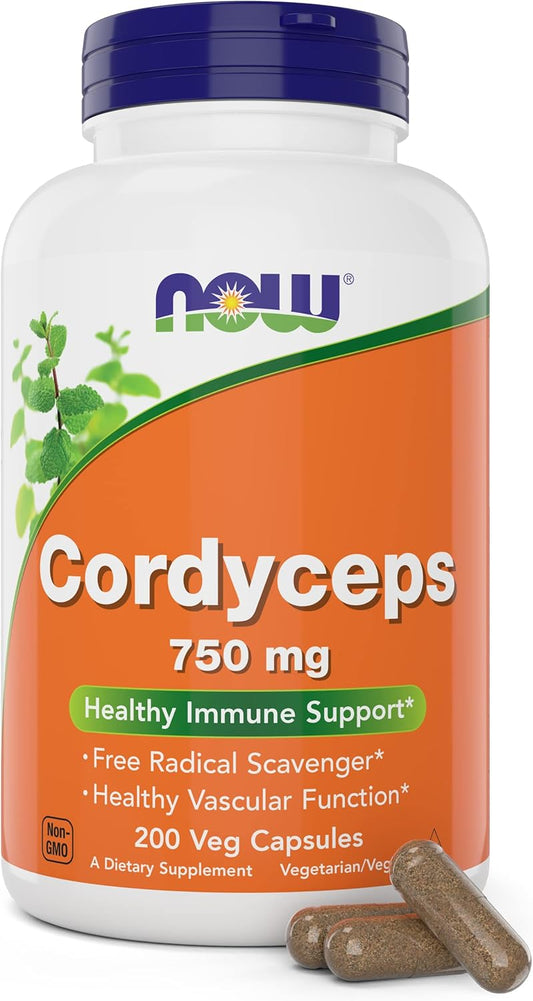 NOW Foods Cordyceps 750mg 200 Veg Caps - Organic Cordycep Sinensis Mycelium Mushroom in Non-Organic Capsules - Vegan, Non-GMO
